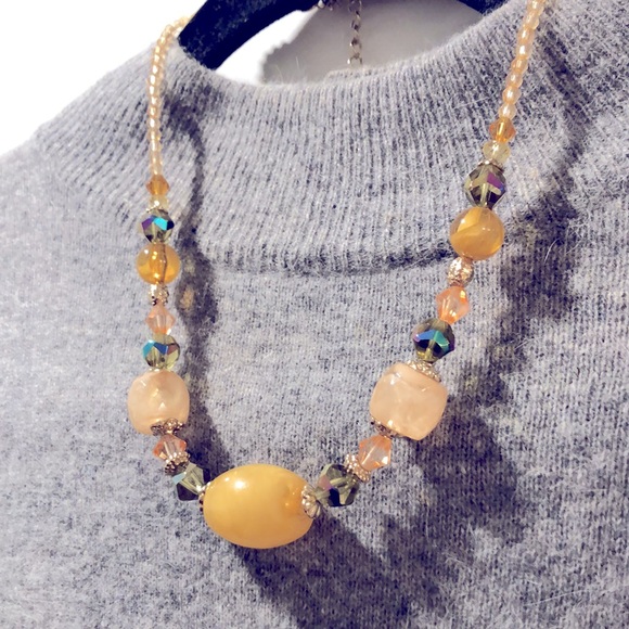 Jewelry - Vintage Unique Beaded Statement Necklace - Yellow with gold tones, colorful!